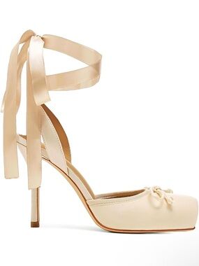 Satin Ankle-Tie High Heel Pumps in Ivory. (Box has no lid)